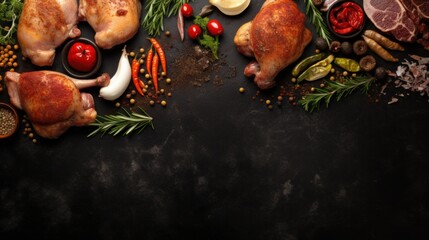 Black stone cooking background. meats, chickens, Spices and vegetables.