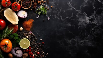 Black stone cooking background. meats, chickens, Spices and vegetables.