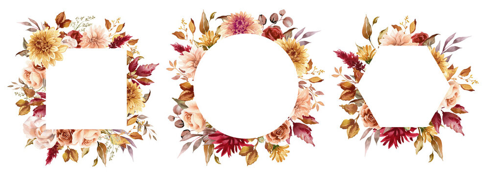 Autumn floral frame PNG. Fall wreath. Rusty flowers border. Terracotta wedding. Thanksgiving card. Hand painted illustration transparent background
