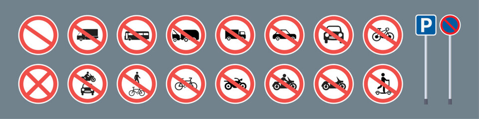 Vector sets of parking bays and no parking sign board guidance. Letter P parking symbol sign for car, vehicle, motorbike, bicycle, scooter and truck. No Parking Allowed, Do Not Park Car. Vector.