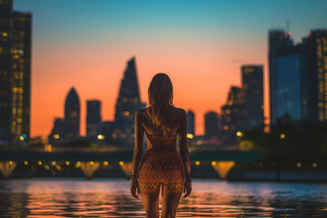 Woman against a city skyline