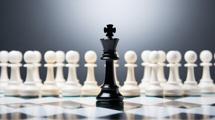 One white Chess pawn and black pawns on chessboard