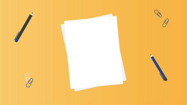 White paper sheets on desk with pens and paperclips