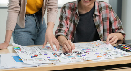 UX developer and ui designer brainstorm about mobile app interface wireframe design with customer...