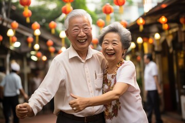 Happy elderly couple portrait, stylish senior man and woman smiling