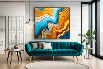 Marble abstract acrylic painting in the interior of the room. Marbling artwork texture.
