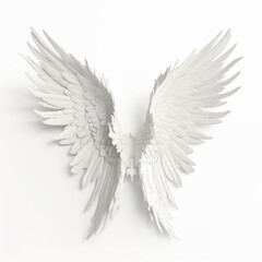 White angelic wings isolated on white background, symbolizing heaven and divinity. AI Generative