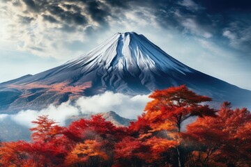 Fototapeta na wymiar Vulcano Japan nature mountain with autumn leaves in spring. Generative Ai.