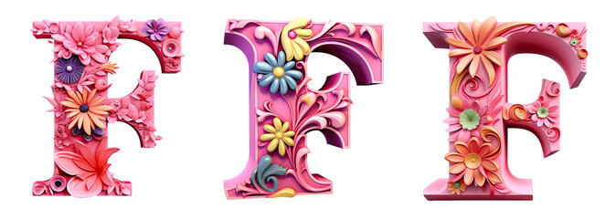 Set oF pink and floral letter F ,3D illustration , pink and floral letter F isolated white transparent background, PNG.