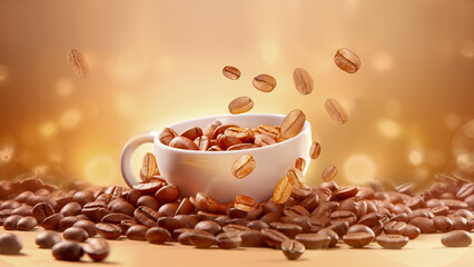 Coffee banner with natural roasted arabica coffee beans flying out of white cup on brown gradient background with bokeh effect. Holiday coffee background. Banner size