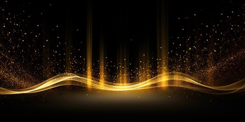 Glowing golden light effect on black background. Glittering abstract illustration. Luxury graphic design premium