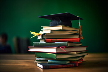 Three books stacked on top of each other, An app placed on the top of the book stack, pencils held in a holder, green chalkboard in the background, 