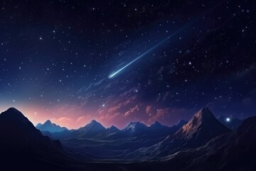 Falling star on night sky during summer night high in mountains. Generative Ai.