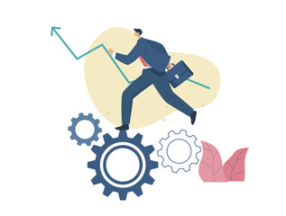 Enthusiastic staff working All personnel are the priority of the organization. Employees are the important cog that drives the company. Businessman walking on gears. 
Vector design illustration.