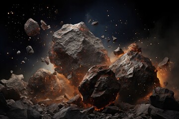 Meteor glowing as it enters the Earth's atmosphere, ultra realistic close up. Generative Ai.