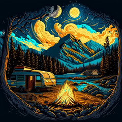 Camping in nature with van gogh style