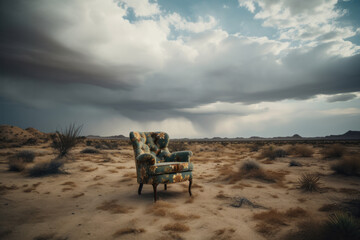 Obraz premium A chair stands alone in the vast, arid wilderness of the desert. This evocative image captures the essence of solitude and was created using AI generative technology.