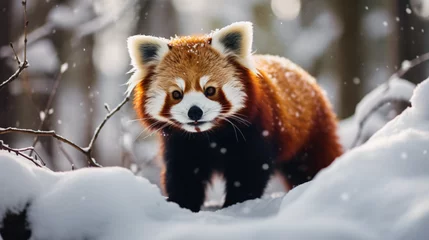 Fotobehang Red panda walking in the snowy forest © Gefer