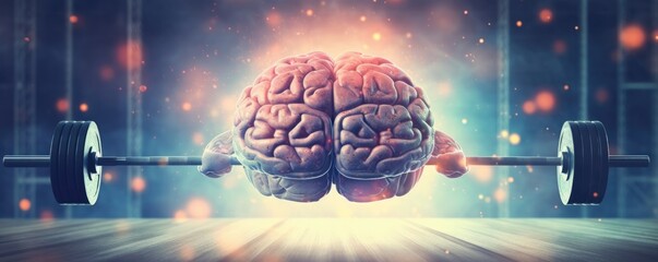 Human brain is lifting a heavy dumbbell, brain memory banner panorama. Generative Ai.