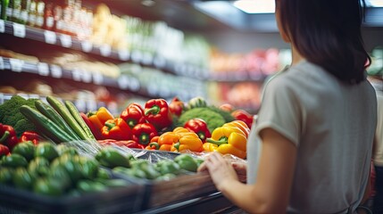 woman shopping for vegetables in supermarket, lady buying vegetables in supermarket