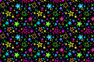 Seamless illustration of rainbow bright stars on a black background