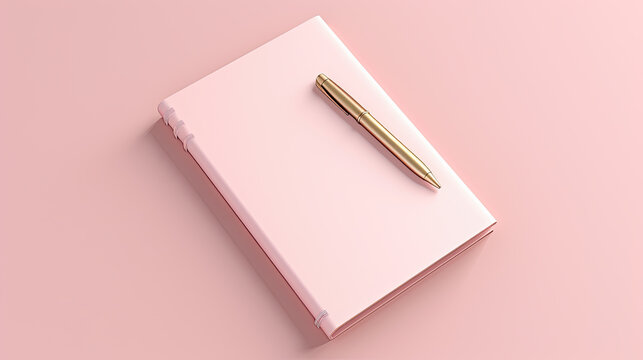 cuaderno rosa con bol&iacute;grafo dorado sobre el, con fondo rosa, ilustracion de ia generativa