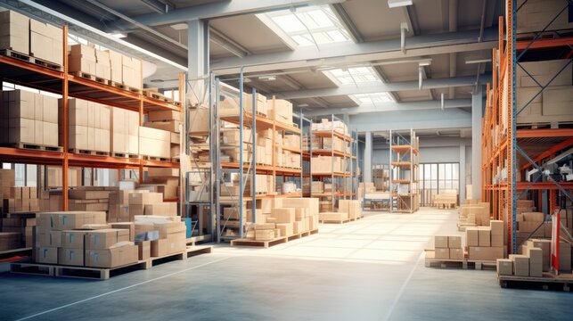 Inside view of a warehouse, boxes in warehouse