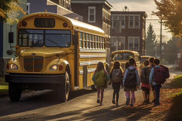 Yellow School buses, Mother Saying Goodbye To Children As They Leave For School,