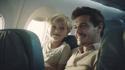 Happy family travels in an airplane. People fly in a modern jet. Vacation and traveling concept.