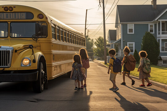 Yellow School buses, Mother Saying Goodbye To Children As They Leave For School,
