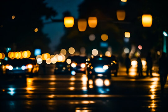a busy night street view with blurry bokeh photographic background