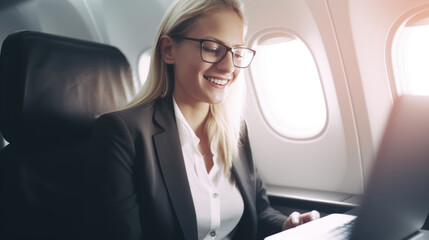 Young businesswoman travels business class aboard a private jet. Woman works on a laptop near the porthole. Business traveling concept.