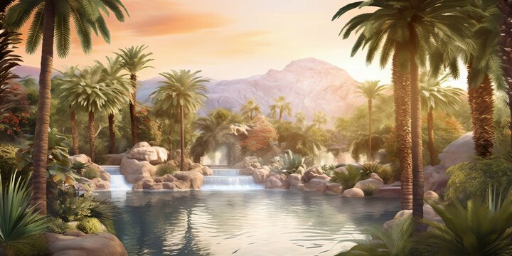 Desert Oasis Lush Palm Trees And Shimmering Pool In A Desert Landscape