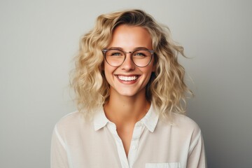 Fototapeta premium happy smiling blonde haired female wearing glasses on plain background for presentation