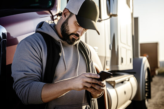 Portrait of a truck driver standing by the truck and using his phone. 