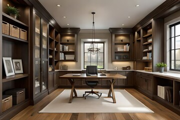 Modern home office interior with windows built in wooden shelves and laptop placed on desk