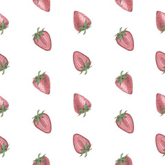 Seamless pattern with pink strawberries in a whole form and in a section on a white background. Watercolor illustration. Suitable for packaging design, household and kitchen items, postcards, textiles
