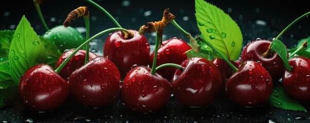 Fresh ripe red cherries, exotic healthy bio fruit food panorama banner. Generative Ai