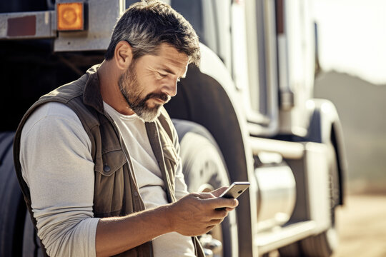 Portrait of a truck driver standing by the truck and using his phone. 