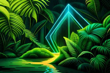 Tropical Plants Illuminated with Green and Blue Fluorescent Light. Rainforest Environment with Diamond shaped Neon Frame