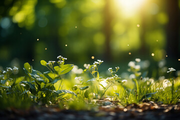 Natural Green Background with Rays and Bokeh. AI Generative