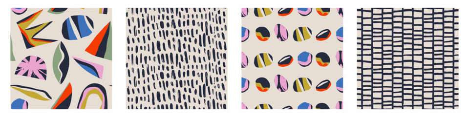 Set of Abstract contemporary seamless pattern with hand drawn shapes, spots, dots and lines with textures. Vibrant boho print. Modern collage vector