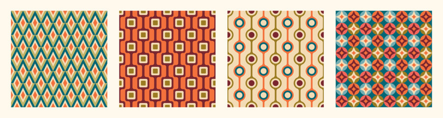 Set of Aesthetic mid century printable seamless pattern with retro design. Decorative 50`s, 60's, 70's style Vintage modern background in minimalist mid century style for fabric, wallpaper © anya