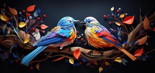 paper art style illustration of two colorful birds on tree branch with dark background, Generative Ai