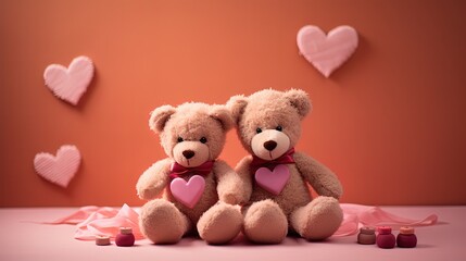 cute two teddy bears sitting together with plain color background, Generative Ai