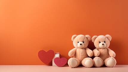 cute two teddy bears sitting together with plain color background, Generative Ai