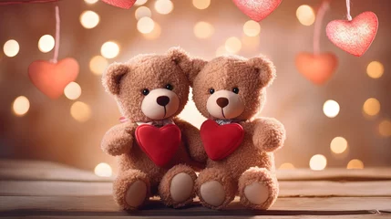 Fotobehang close up two teddy bear sitting together with bokeh light, Generative Ai © QuietWord