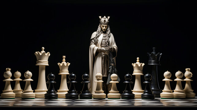 Fototapeta Standing white chess pieces and lying black king on black background