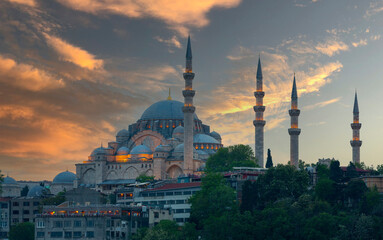 Beautiful view of gorgeous historical Suleymaniye Mosque, Rustem Pasa Mosque and buildings in front...