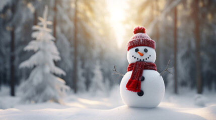 snowman wearing a hat with trees in background.  on snowy scenery in the winter christmas season